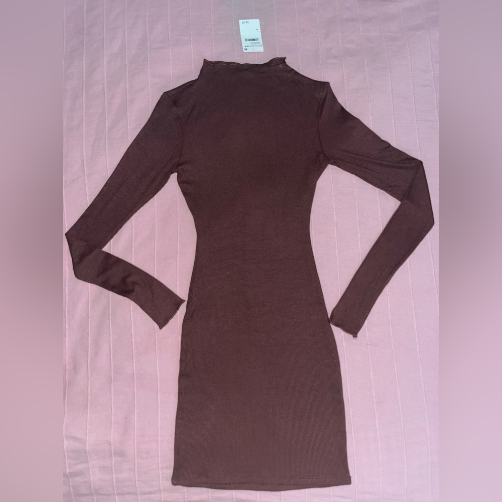 Naked Wardrobe Ribbed Mock Neck Bodycon Dress - Chocolate- Size Small - NWT